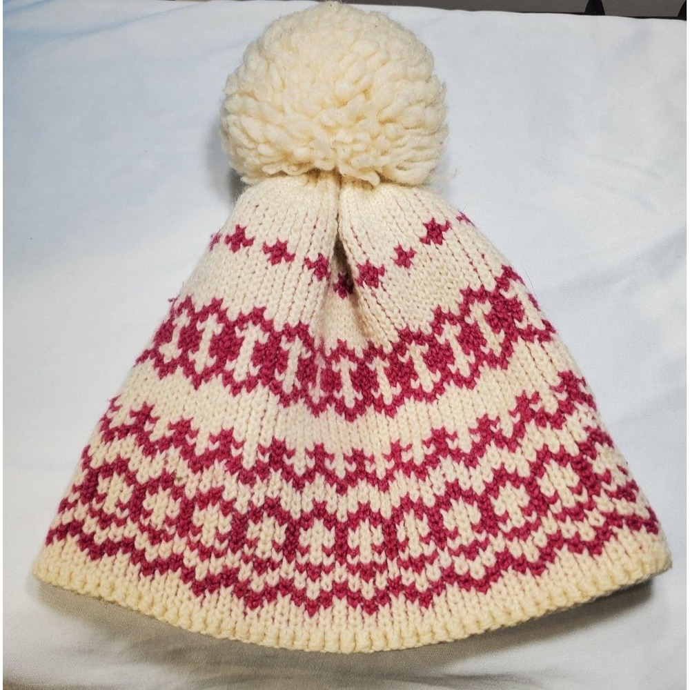 Summit by Wigwam Mills‎ Ski Hat Beanie Pink Wool Knit Retro Pom Fair Isle USA